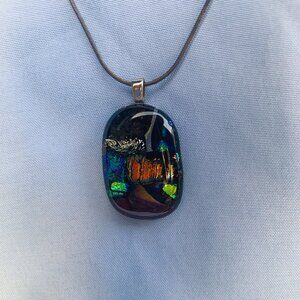 JEWELRY - 11in handcrafted Dichroic Glass Pendant chain necklace, blue orange